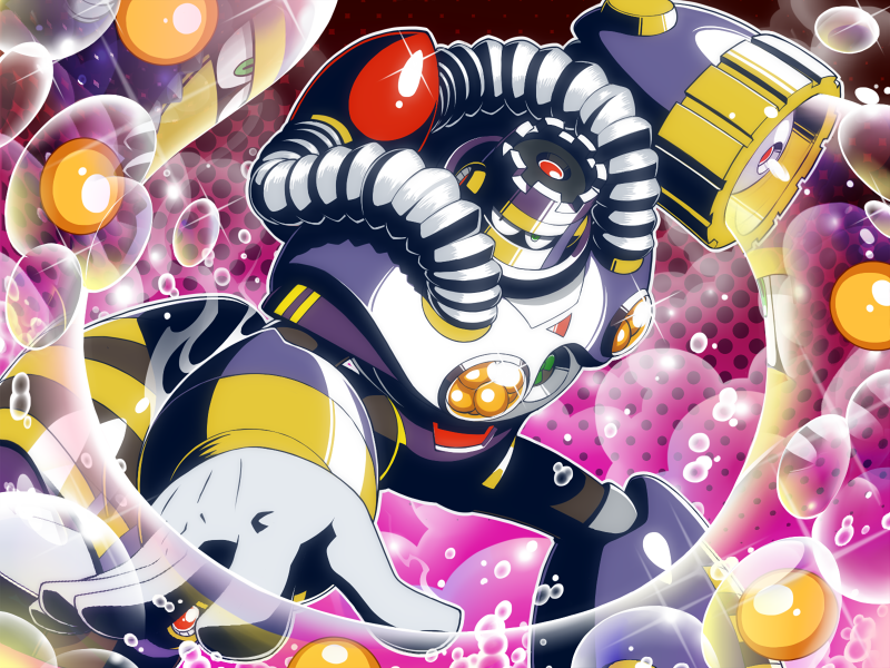 1boy, arm_cannon, armor, bubble, burst_man, commentary, english_commentary, gloves, gradient, gradient_background, green_eyes, male_focus, mega_man_(classic), mega_man_(series), mega_man_7, napo, polka_dot, polka_dot_background, purple_background, reflection, robot_ears, solo, weapon, white_gloves