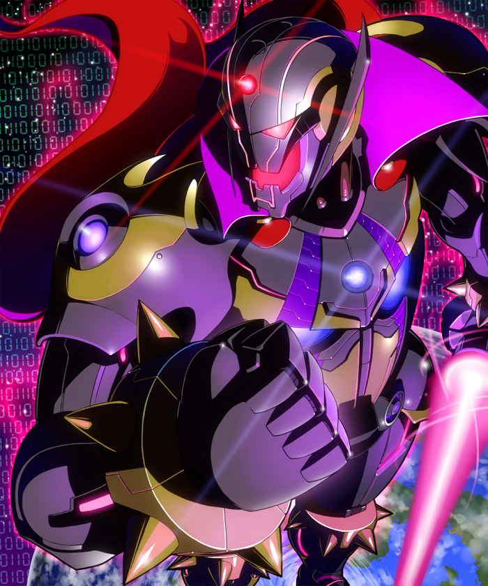 1boy, android, armor, aura, binary, bracelet, cape, clenched_hand