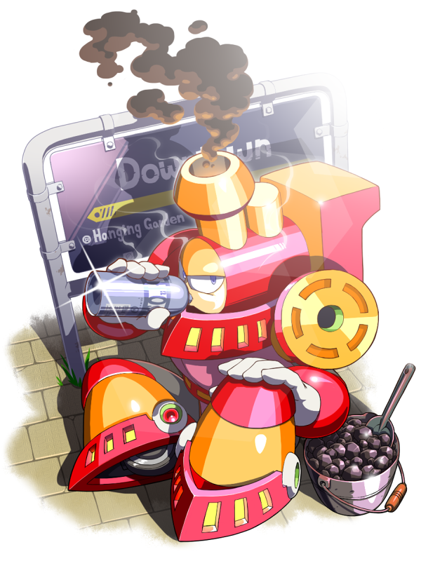 1boy, android, bottle, bucket, charge_man, coal, drinking, english_text, glint, holding, holding_bottle, knee_up, looking_at_viewer, male_focus, mega_man_(classic), mega_man_(series), mega_man_5, napo, on_floor, road_sign, shovel, sign, sitting, smoke, solo, violet_eyes