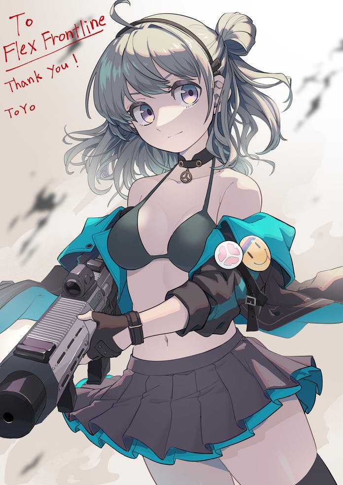 1girl, ahoge, badge, bangs, bare_shoulders, bikini, bikini_top, black_gloves