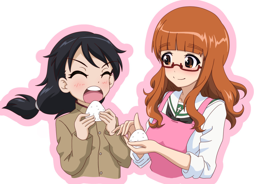 2girls, apron, bangs, black_hair, black_neckwear, blouse, blunt_bangs, blush