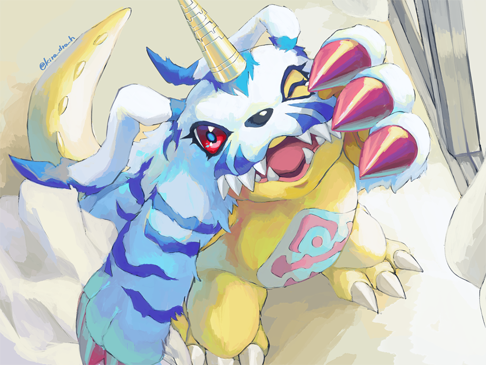 ;d, claws, commentary_request, creature, digimon, digimon_(creature), fangs, from_above