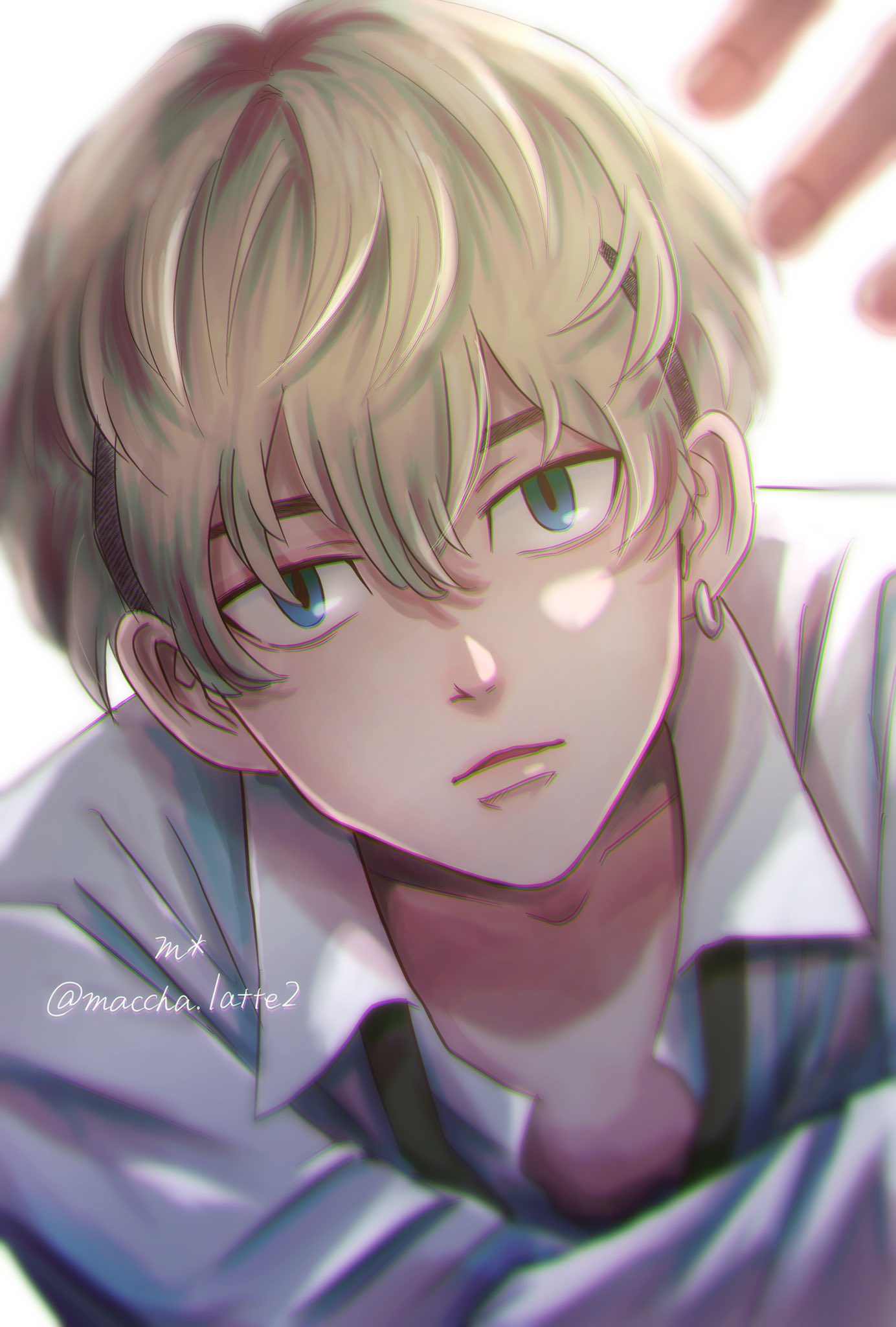1boy, bangs, black_hair, black_neckwear, blonde_hair, blue_eyes, collared_shirt, earrings