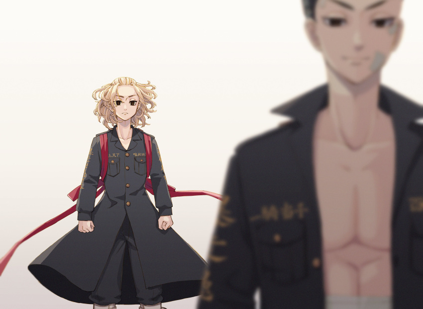 2boys, absurdres, bandage_on_face, bandages, black_coat, black_eyes, black_hair, black_pants, blonde_hair, blurry, blurry_foreground, brothers, closed_mouth, coat, collarbone, cowboy_shot, empty_eyes, forehead, highres, long_sleeves, looking_at_another, male_focus, medium_hair, meimei_(cb_mei), multiple_boys, open_clothes, open_coat, pants, sano_manjirou, sano_shinichirou, siblings, simple_background, smile, standing, tokyo_revengers, upper_body, white_background