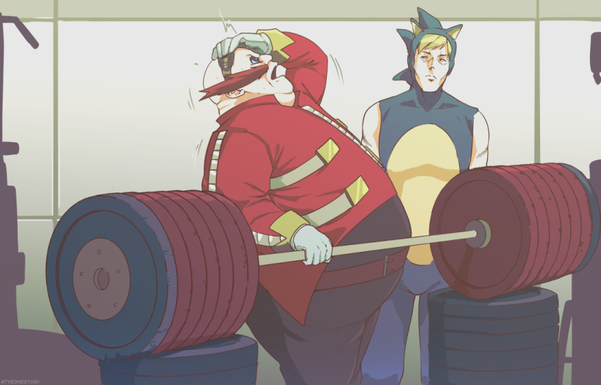 2boys, animal_ears, bald, bare_shoulders, belt, blonde_hair, brown_hair, closed_mouth