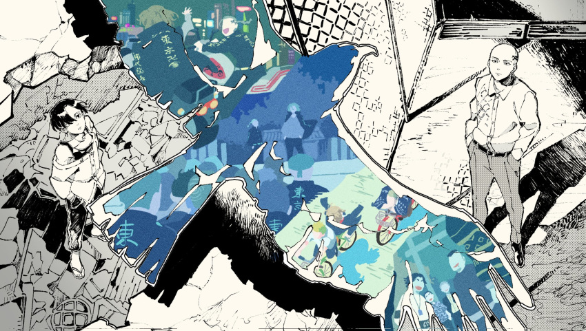 2boys, animal, bald, belt, bird, black_coat, coat, coat_on_shoulders, hands_in_pockets, highres, looking_up, multiple_boys, off_shoulder, pants, partially_colored, ryuuguuji_ken, sa_(1satsuki0), sandals, sano_manjirou, shirt, shoes, short_hair, standing, tank_top, tokyo_revengers