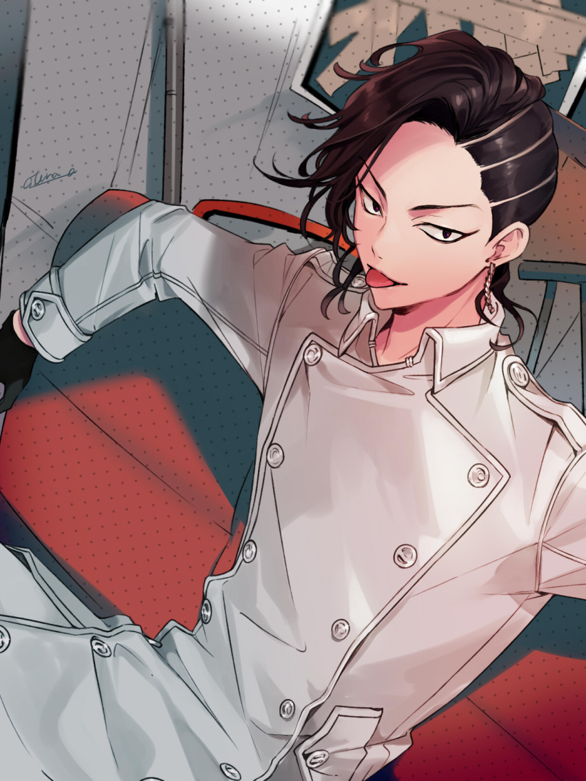 1boy, 2oz, black_eyes, black_gloves, black_hair, coat, couch, cowboy_shot, earrings, gloves, highres, indoors, jewelry, kokonoi_hajime, long_sleeves, looking_at_viewer, male_focus, medium_hair, single_earring, sitting, solo, tokyo_revengers, tongue, tongue_out, tsurime, white_coat