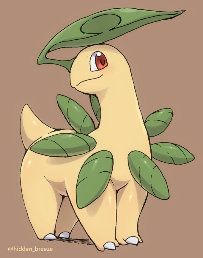 bayleef, blush, brown_background, claws, closed_mouth, commentary_request, full_body, gen_2_pokemon