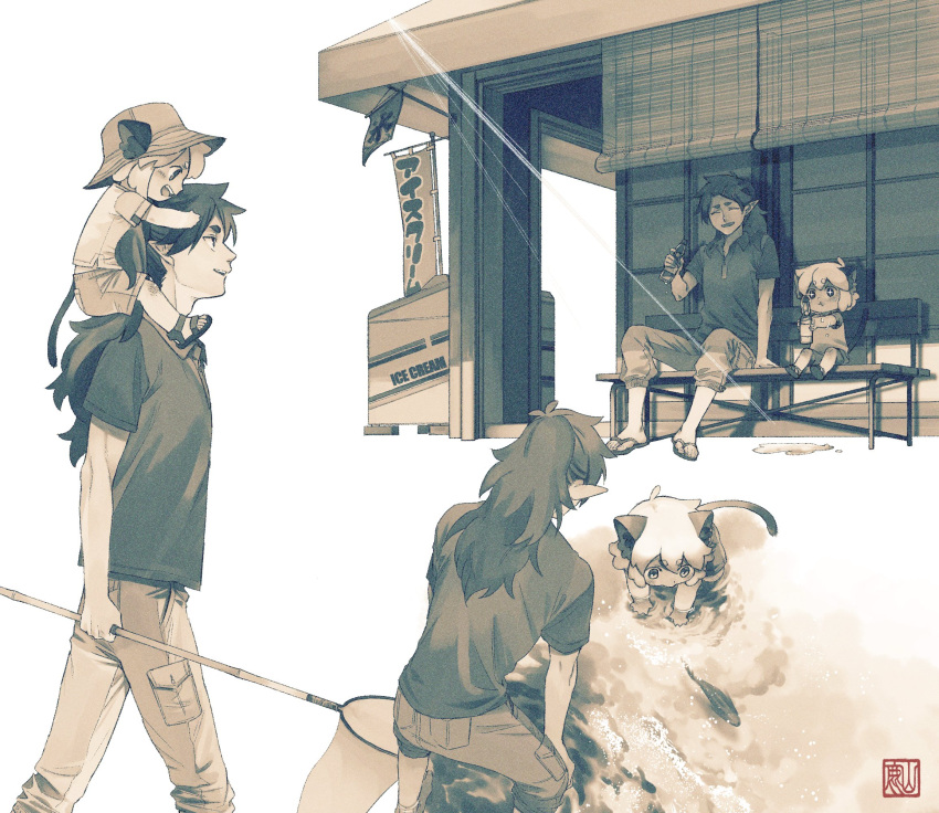 2boys, animal_ears, bench, building, cat_boy, cat_ears, cat_tail, fengxi_(the_legend_of_luoxiaohei)