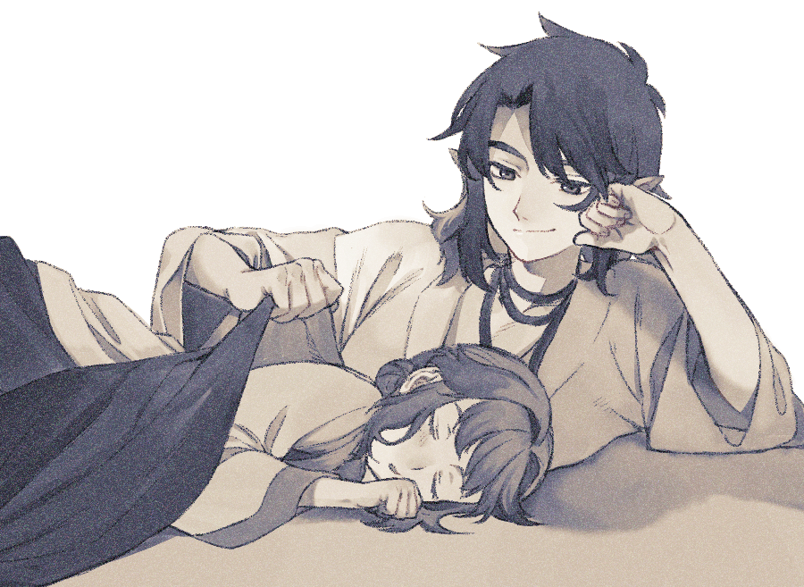 1boy, 1girl, black_hair, closed_eyes, lanxi_zhen, li_qingning_(the_legend_of_luoxiaohei), long_sleeves, lying, monochrome, on_side, on_stomach, pointy_ears, shadow, sleeping, smile, the_legend_of_luo_xiaohei, triple_bambi, upper_body, xuan_li_(the_legend_of_luoxiaohei)