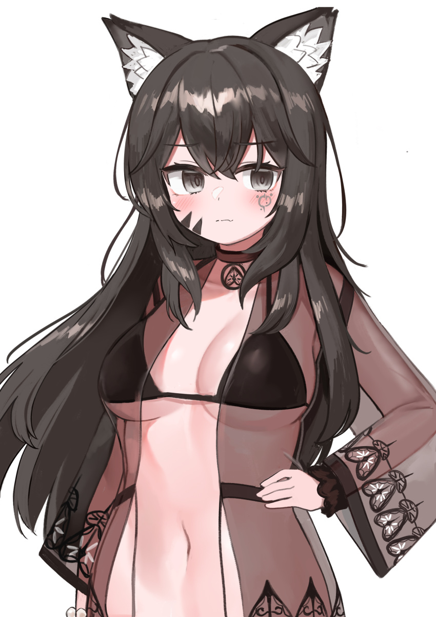 1girl, absurdres, animal_ear_fluff, animal_ears, bikini, black_bikini, black_eyes, black_hair