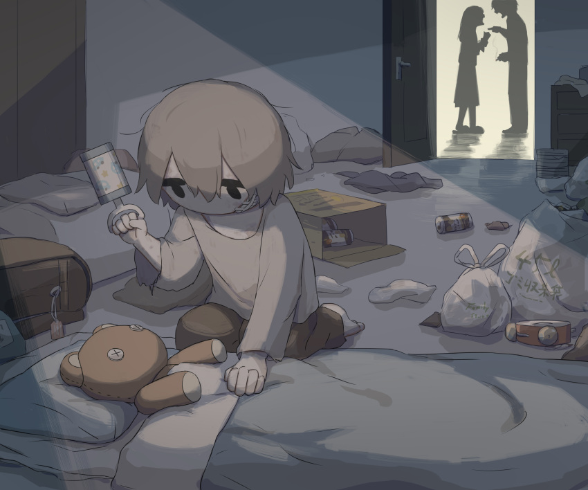1girl, 2boys, absurdres, arguing, avogado6, backpack, bag, bandaid
