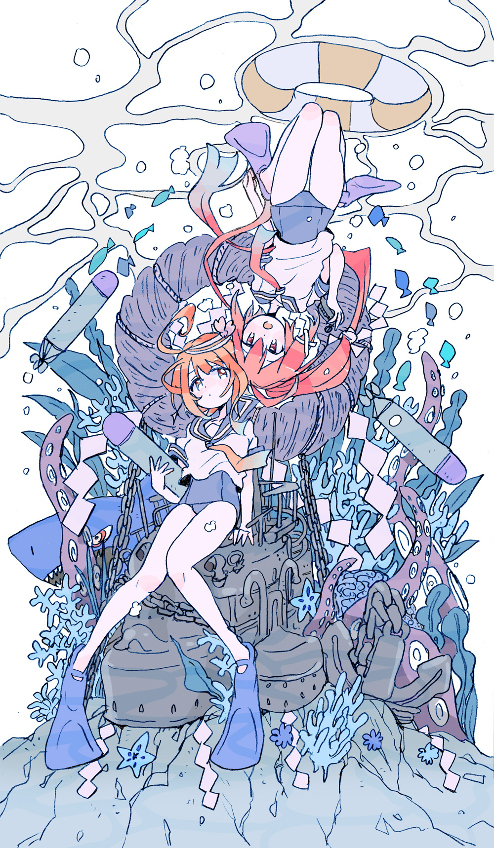 2girls, anchor, bangs, blue_sailor_collar, blue_swimsuit, breasts, chain, closed_mouth