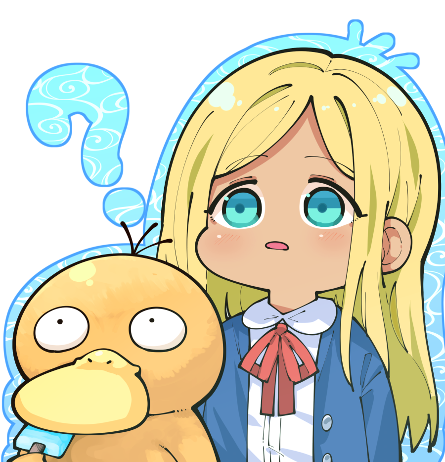 1girl, ?, blonde_hair, blue_eyes, blue_jacket, blue_outline, chibi, crossover