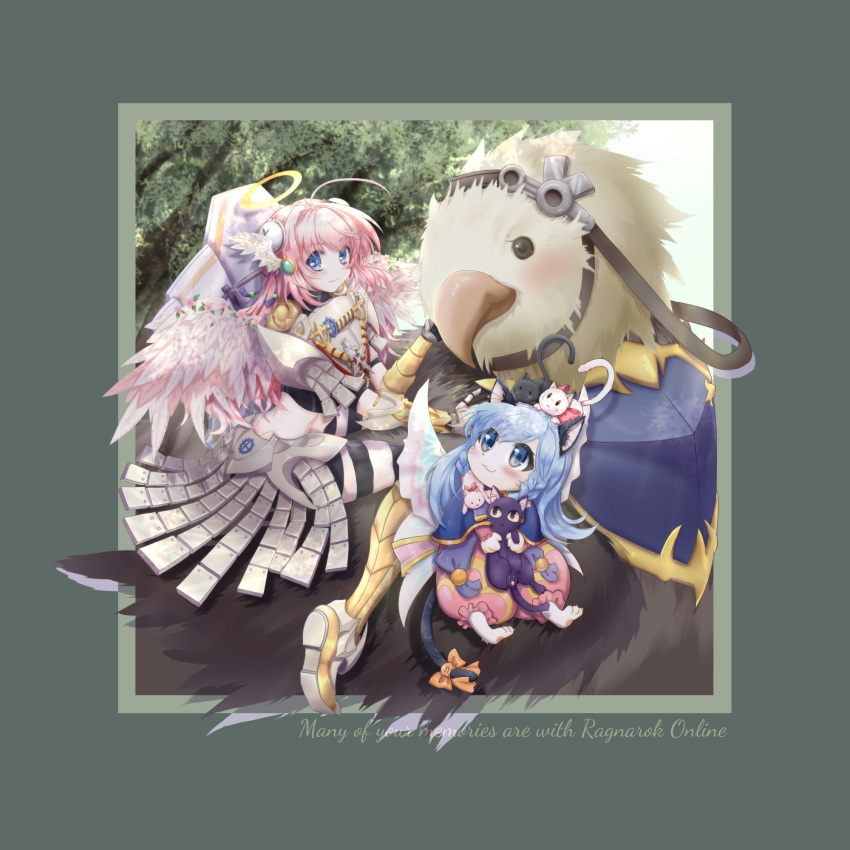 2girls, animal, animal_on_head, armor, armored_boots, armored_skirt, bangs, black_cat