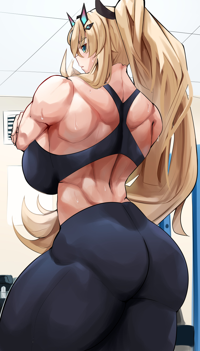 1girl, absurdres, ass, back, bangs, bare_shoulders, biceps, black_pants