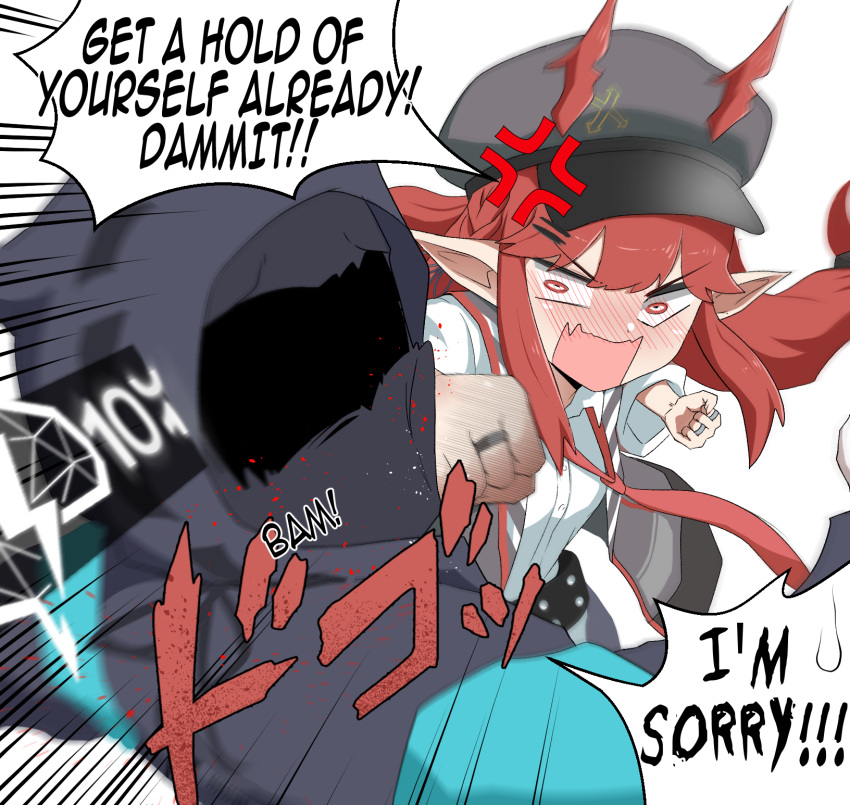 1girl, 1other, alph_(sancheck), anger_vein, arknights, black_jacket, blurry, cabbie_hat