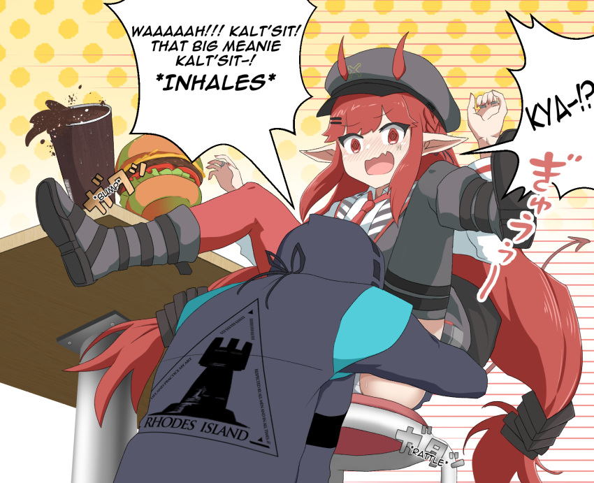 1girl, 1other, alph_(sancheck), arknights, asymmetrical_legwear, black_jacket, boots, burger
