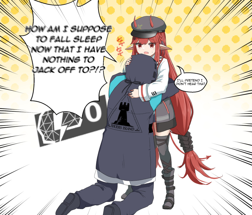 1girl, 1other, alph_(sancheck), arknights, black_jacket, boots, braid, cabbie_hat
