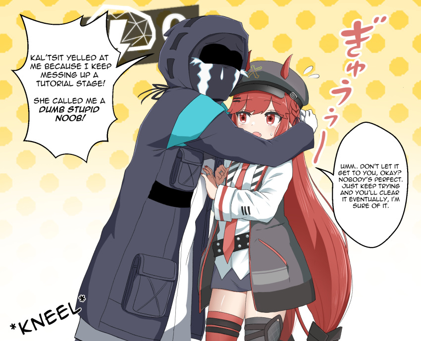 1girl, 1other, alph_(sancheck), arknights, asymmetrical_legwear, black_jacket, cabbie_hat, crying