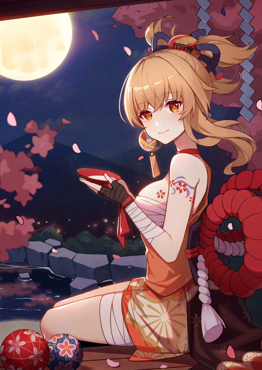 1girl, absurdres, alcohol, arm_tattoo, bandaged_arm, bandaged_leg, bandages, blonde_hair, breast_tattoo, cherry_blossoms, chest_tattoo, choker, cup, fingerless_gloves, full_moon, genshin_impact, gloves, hadanugi_dousa, highres, japanese_clothes, kimono, looking_at_viewer, moon, night, no_bra, onsen, open_clothes, orange_eyes, sakazuki, sake, sarashi, sitting, smile, solo, tattoo, yoimiya_(genshin_impact)