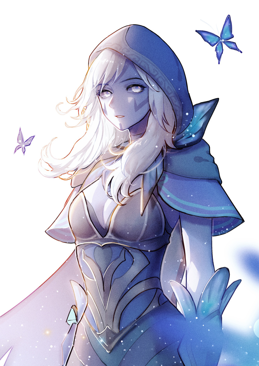 1girl, absurdres, bangs, blue_butterfly, blue_hood, blue_skin, bug, butterfly, cape, colored_skin, defense_of_the_ancients, dota_2, drow_ranger_(dota), eren_(artist), facepaint, gauntlets, hair_between_eyes, highres, hood, insect, long_hair, looking_at_viewer, open_mouth, short_sleeves, simple_background, solo, teeth, white_background, white_eyes, white_hair