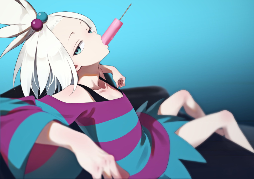 1girl, blurry, collarbone, commentary_request, couch, dress, food, forehead