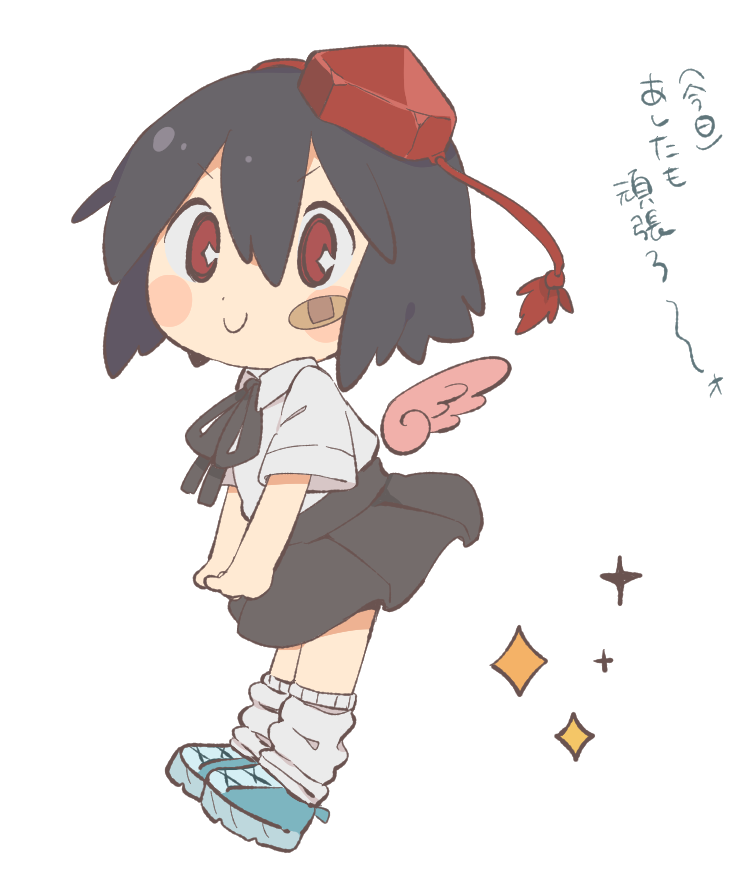 1girl, bandaid, bandaid_on_cheek, black_hair, black_neckwear, black_skirt, blue_footwear, blush_stickers