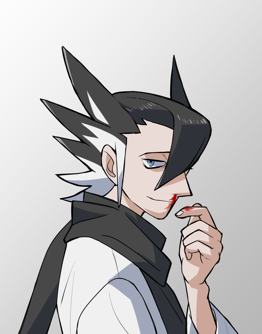 1boy, bangs, black_hair, black_scarf, blood, blue_eyes, closed_mouth, commentary_request