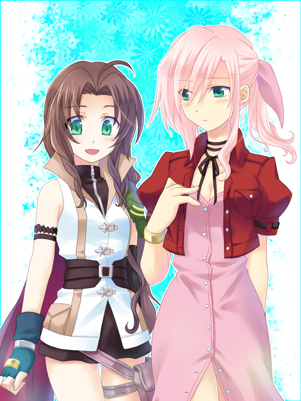 aerith_gainsborough_(cosplay), breasts, cleavage, cosplay, costume_switch, crossover, final_fantasy, final_fantasy_vii