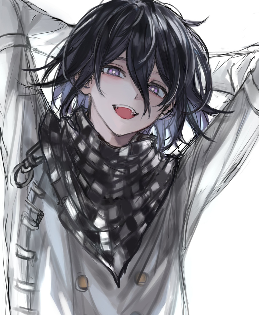 1boy, :d, arms_behind_head, bangs, black_hair, buttons, chain, checkered