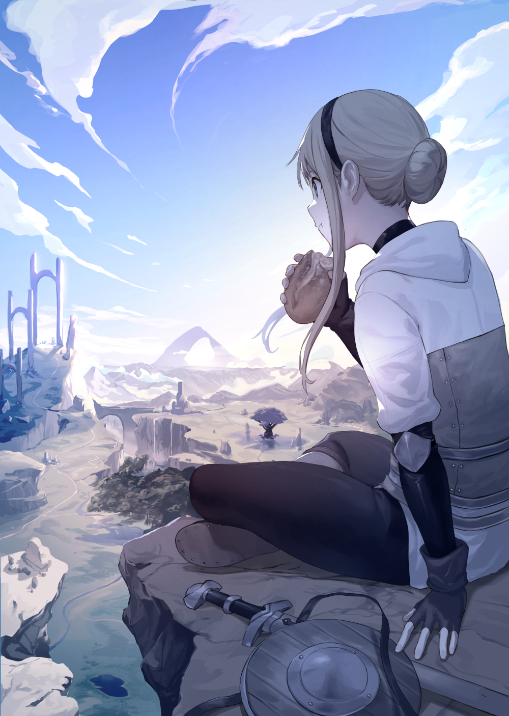 1girl, blonde_hair, bread, buckler, building, cliff, dawn_traveller_(km_yama), eating, fingerless_gloves, food, gloves, grey_eyes, hair_bun, hairband, highres, holding, holding_food, horizon, indian_style, km_yama, long_hair, long_sleeves, mountainous_horizon, original, pants, shield, sitting, sky, solo, sword, tree, weapon