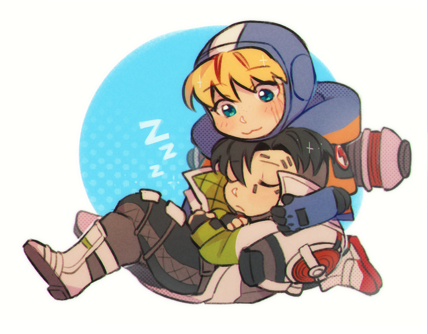 1boy, 1girl, apex_legends, bangs, black_gloves, black_hair, black_pants, blonde_hair
