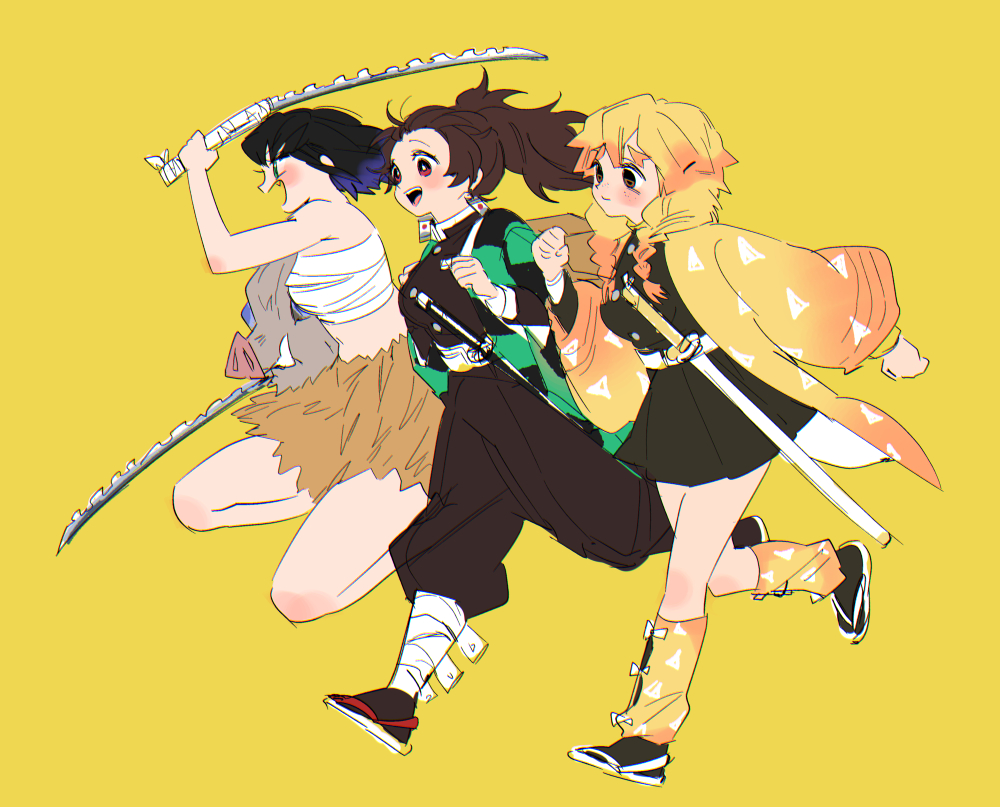 3girls, agatsuma_zenitsu, bandages, bangs, black_legwear, black_shirt, blonde_hair, boar_mask, bow, box, braid, brown_hair, buttons, checkered_jacket, dual_wielding, earrings, english_commentary, fur_skirt, genderswap, genderswap_(mtf), gradient_hair, gradient_jacket, hair_slicked_back, hakama_pants, hanafuda, haori, hashibira_inosuke, holding, japanese_clothes, jewelry, kamado_tanjirou, katana, kimetsu_no_yaiba, leg_warmers, multicolored_hair, multiple_girls, orange_hair, pants_tucked_in, ponytail, running, s9sxw, sandals, sarashi, sheath, sheathed, shirt, socks, sword, triangle_print, twin_braids, weapon, white_bow, white_footwear