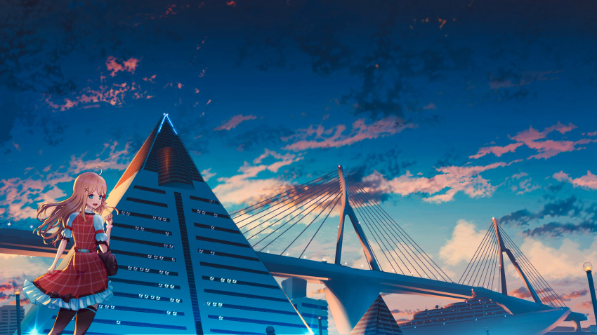 1girl, :d, absurdres, ahoge, bag, black_legwear, blue_eyes, bridge