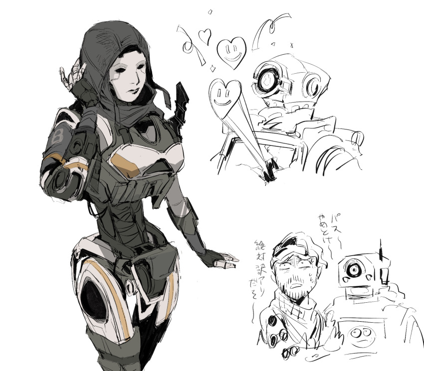 1girl, 2boys, apex_legends, ash_(titanfall_2), beard, black_eyes, confetti, facial_hair