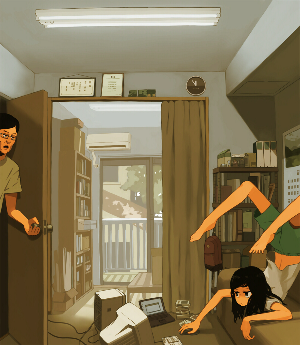 backpack, bag, barefoot, bedroom, black_hair, book, bookshelf, brown_eyes