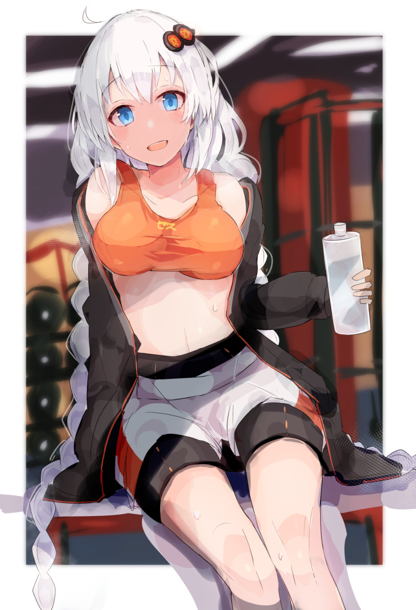 1girl, bench, black_jacket, blue_eyes, bottle, bra, braid, commentary
