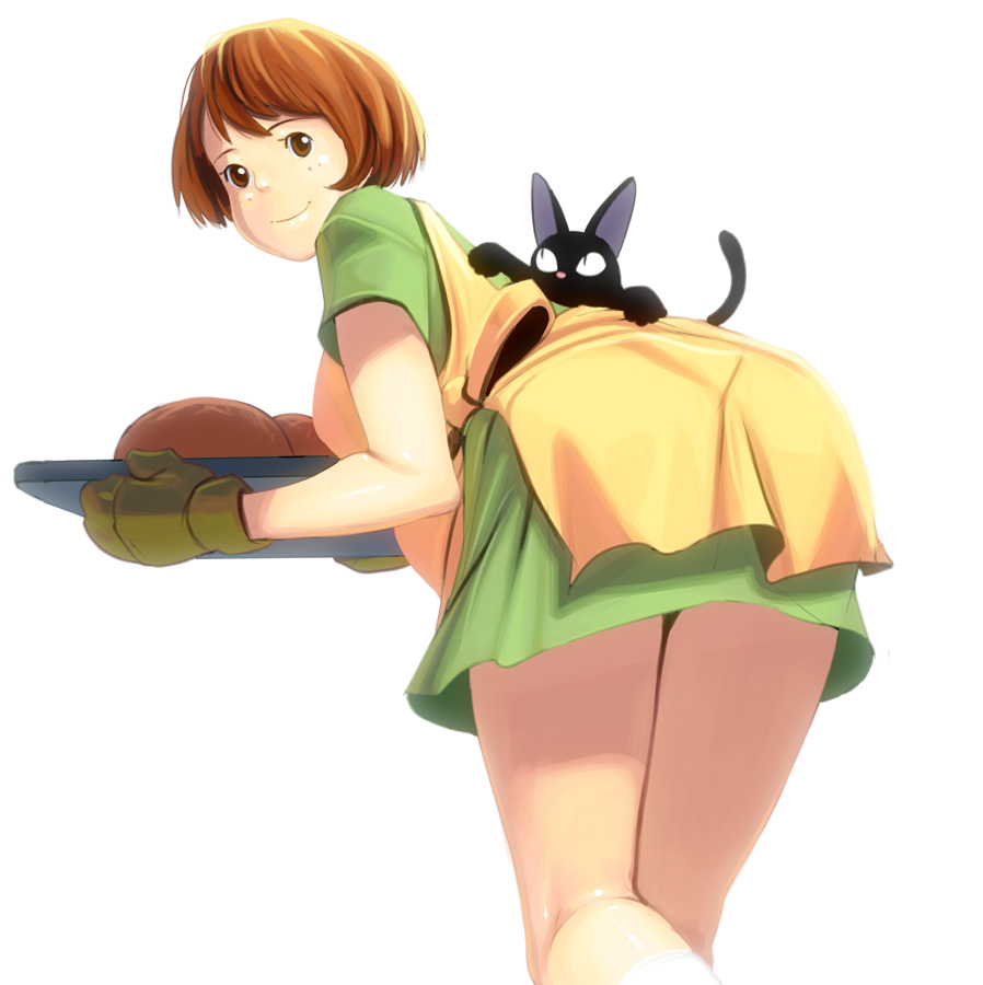 1girl, black_cat, bread, brown_eyes, brown_hair, cat, food, jiji_(character), looking_back, majo_no_takkyuubin, masao, osono, pregnant, short_hair, smile, solo, studio_ghibli