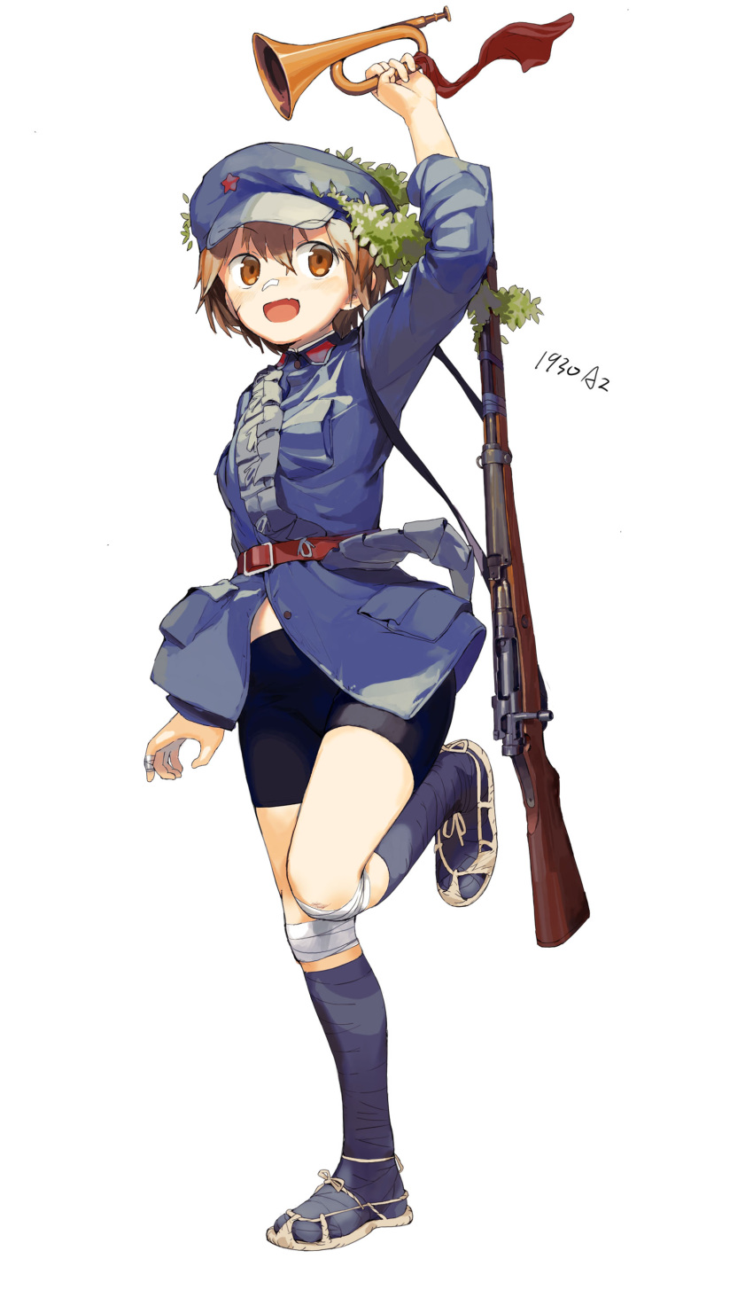 1girl, absurdres, bangs, bike_shorts, blue_headwear, blue_legwear, brown_eyes, brown_hair