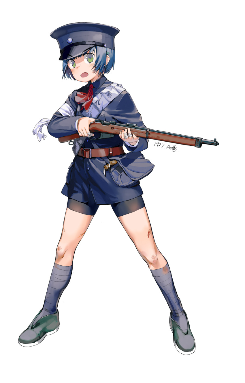 1girl, :o, absurdres, ammunition, ammunition_belt, ammunition_pouch, bandages, bangs