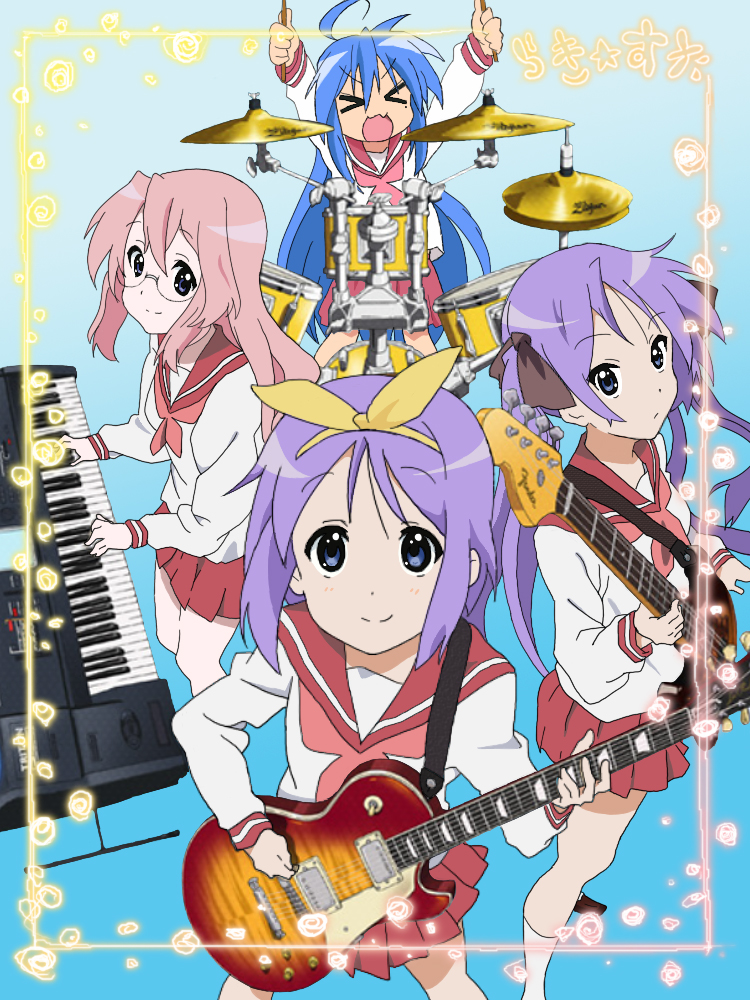 bass, drums, drumsticks, fender, gibson, guitar, hiiragi_kagami, hiiragi_tsukasa