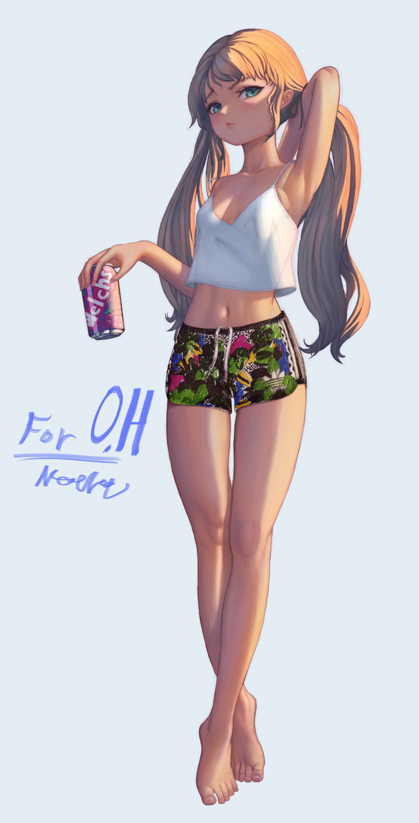 1girl, absurdres, arm_behind_back, arm_up, armpits, barefoot, blue_eyes, breasts