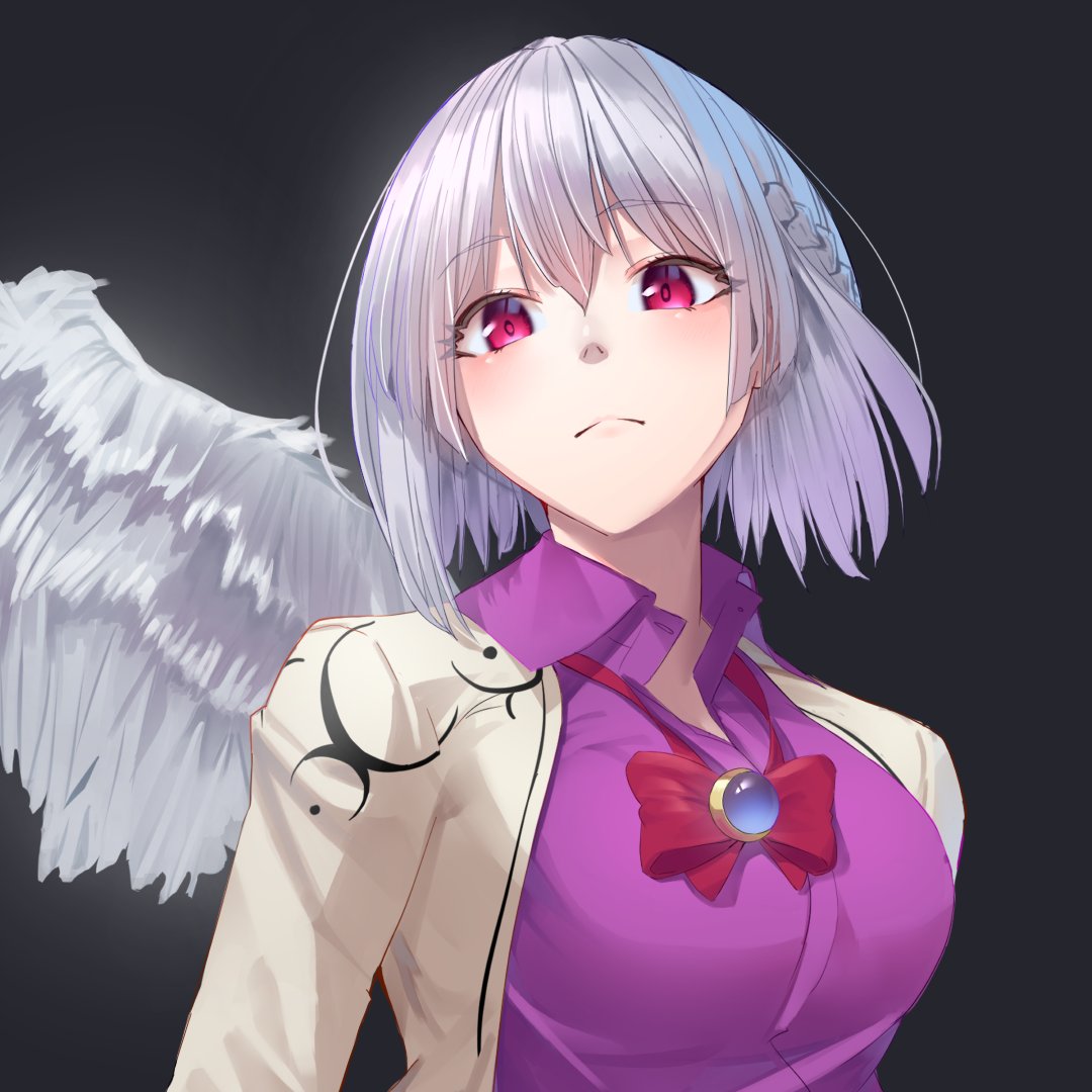 1girl, angel_wings, bangs, beige_jacket, blush, bow, bowtie, braid