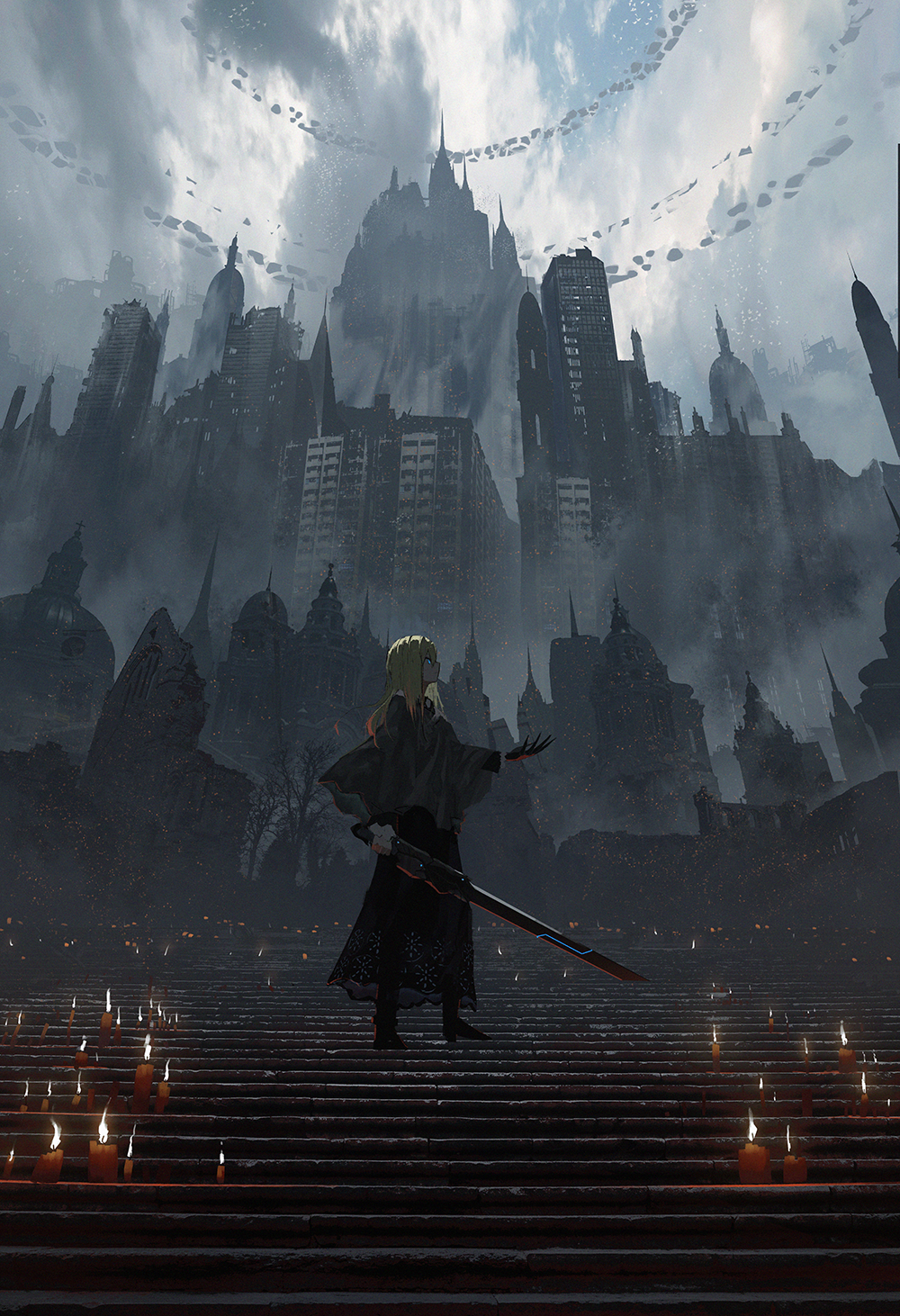 1girl, asteroid_ill, blonde_hair, building, candle, castle, city, cornea_(asteroid_ill)