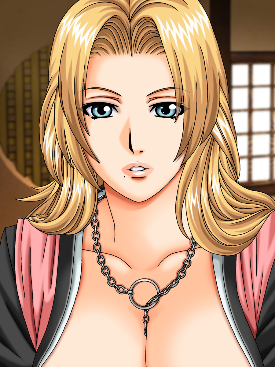 1girl, between_breasts, bleach, blonde_hair, blue_eyes, breasts, cleavage, close_up