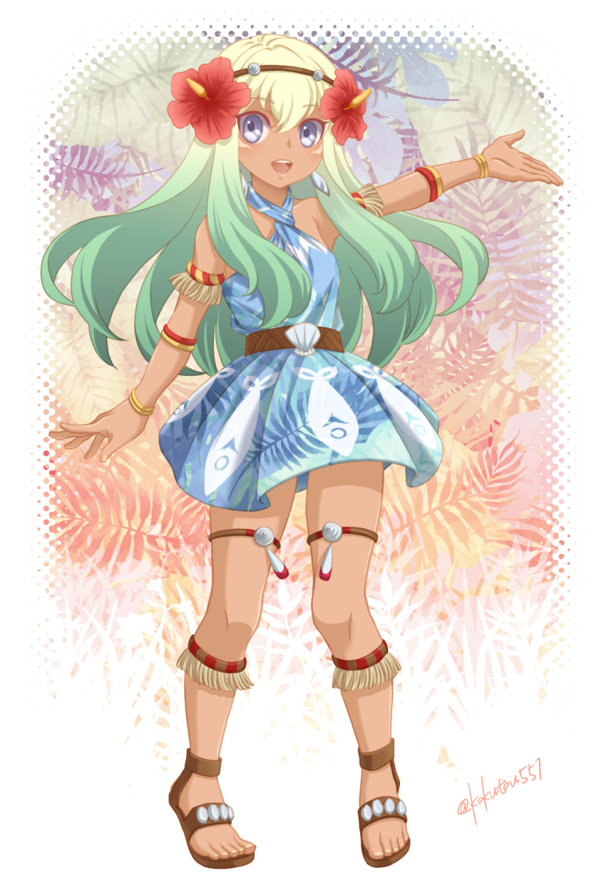 blue_eyes, blue_hair, dark_skin, dress, flower, full_body, green_hair, highres