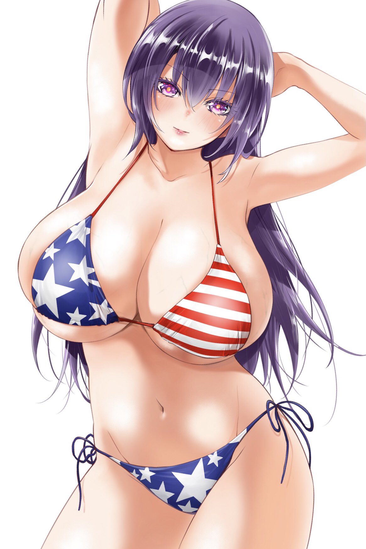 1girl, american_flag_bikini, arms_behind_head, arms_up, bangs, bare_shoulders, bikini, blush