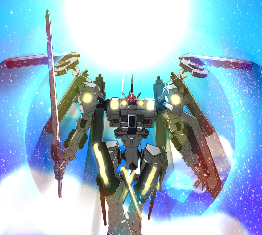 armored_core, glowing, holding, holding_weapon, looking_at_viewer, mecha, no_humans, suibotuouji