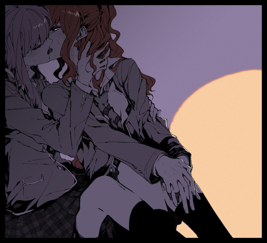 absurdres, bang_dream!, closed_eyes, commentary_request, eyebrows_visible_through_hair, french_kiss, highres, imai_lisa, kiss, looking_at_another, minato_yukina, purple_hair, redhead, sitting, user_uhmf5552, yuri
